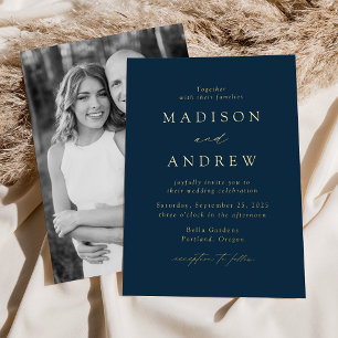 Invitation En Aluminium Modern Elegance Marine et Gold Photo Mariage