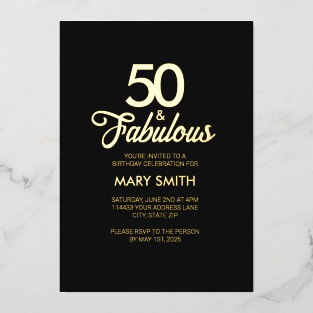 Invitation En Aluminium Modern Fifty and Fabulous 50th Birthday Black Gold (Recto)