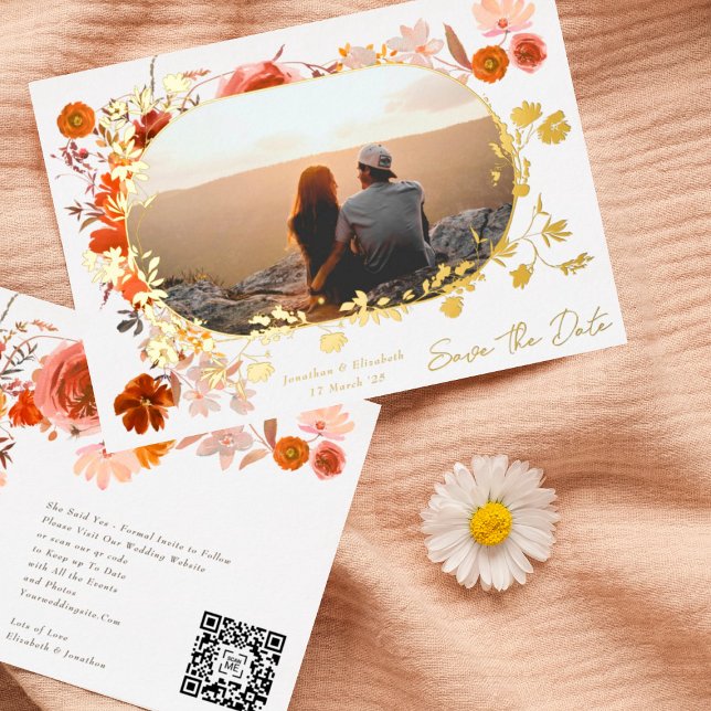 Invitation En Aluminium Modern Floral Frame Photo QR Code Save The Date (Créateur téléchargé)