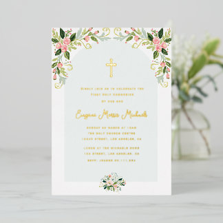 Invitation En Aluminium Modern floral gold text first communion