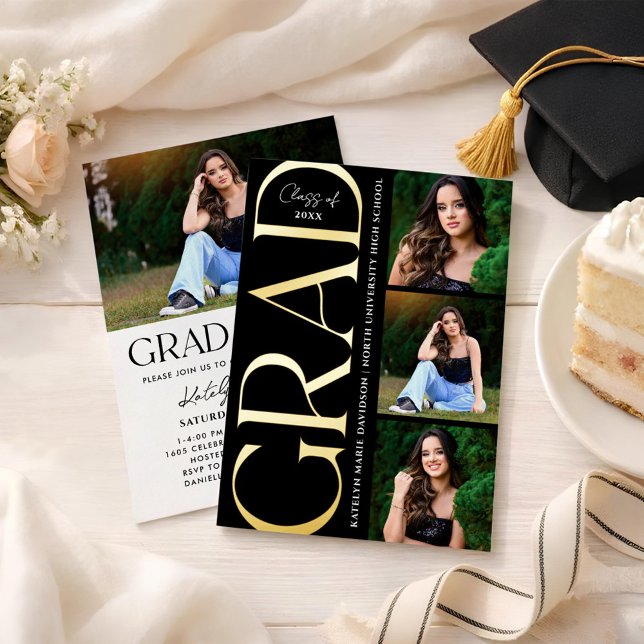 Invitation En Aluminium Modern Gold Grad Multi Photo Graduation Party (Créateur téléchargé)