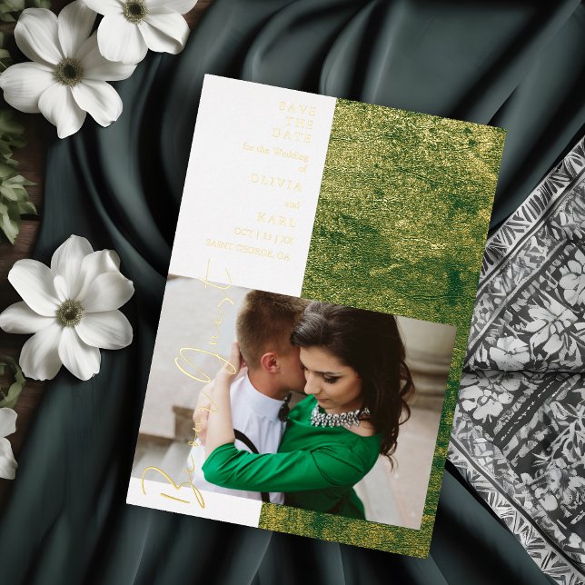 Invitation En Aluminium Modern Green Gold Be Our Guest Photo Couple (Modern Green Gold Be Our Guest Photo Couple Real Metallic Foil Save the Date Card with Envelope.)