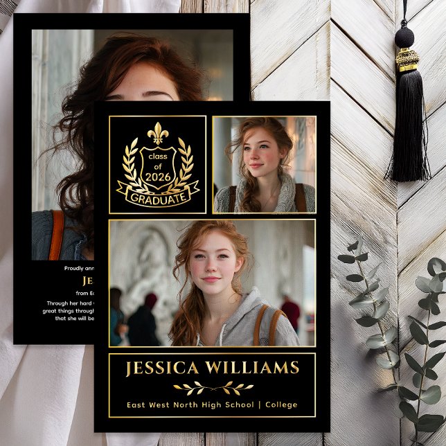 Invitation En Aluminium Modern Laurels 3 Photo Class of 2026 Graduation  (Modern Laurels | Fleur de Lis Crest Graduate 3 Photo Graduation Announcement -Luxury Gold Foil)