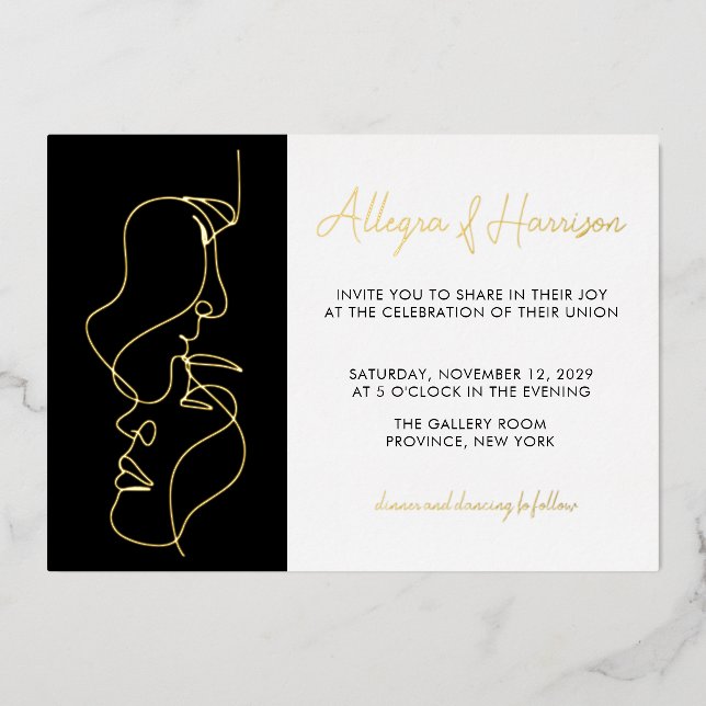Invitation En Aluminium Modern Minimal Gold Black Line Art Wedding  (Recto)