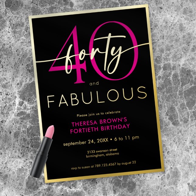 Invitation En Aluminium Modern Minimal Pink Forty Fabulous Script Birthday (Créateur téléchargé)