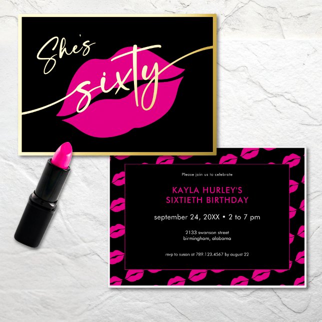Invitation En Aluminium Modern Minimal Pink Lips She's Sixty Birthday (Modern Minimal Pink Lips She's Sixty Birthday Foil Invitation)