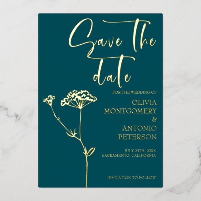 Invitation En Aluminium Modern Minimalist Floral Teal Save the date (Recto)