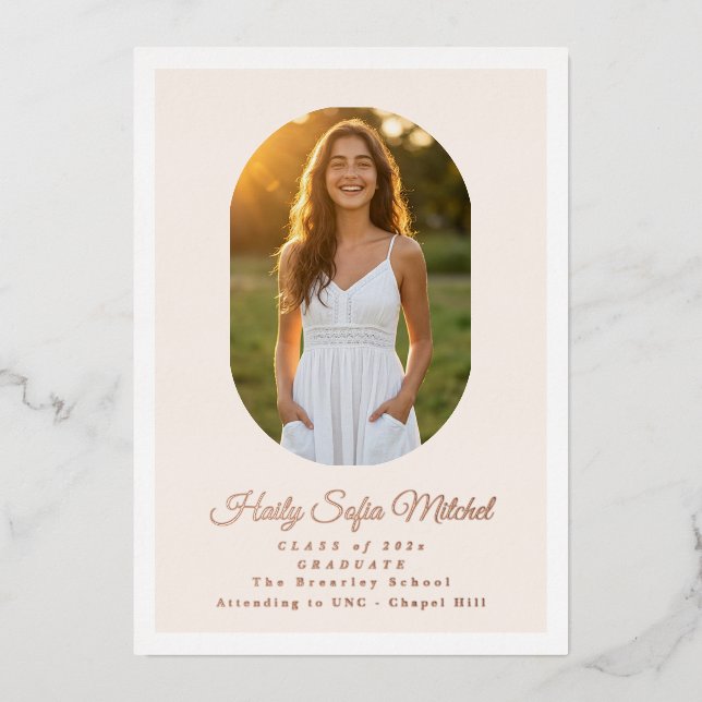 Invitation En Aluminium Modern Oval High School Photo Graduation Rose Gold (Recto)