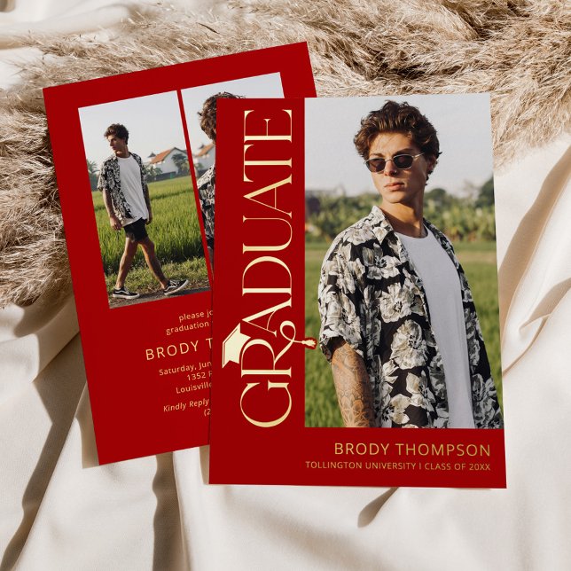 Invitation En Aluminium Modern Red Tassel 3 Photo Graduation (Créateur téléchargé)