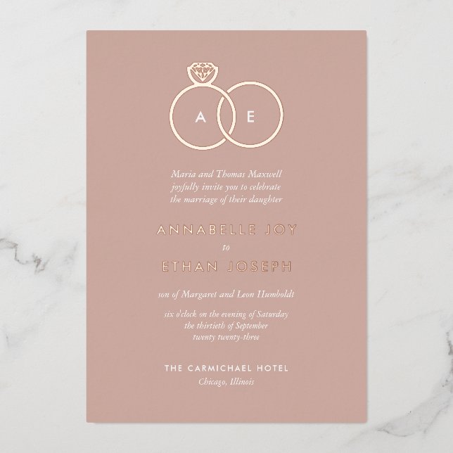 Invitation En Aluminium Modern Rose Gold Rings Deep Blush Wedding (Recto)