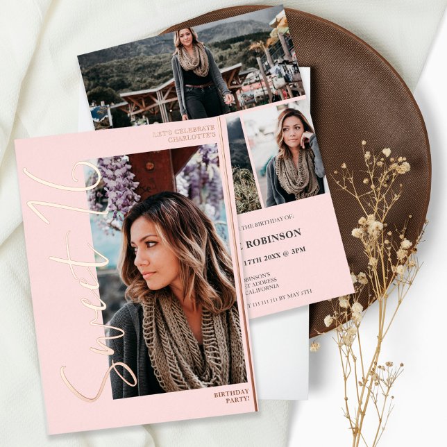 Invitation En Aluminium Modern script 4 photos pink Sweet 16 rose gold (Créateur téléchargé)