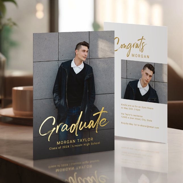 Invitation En Aluminium Modern Script Casual Photo Graduation  (Modern Script Casual Photo Graduation Foil Invitation)