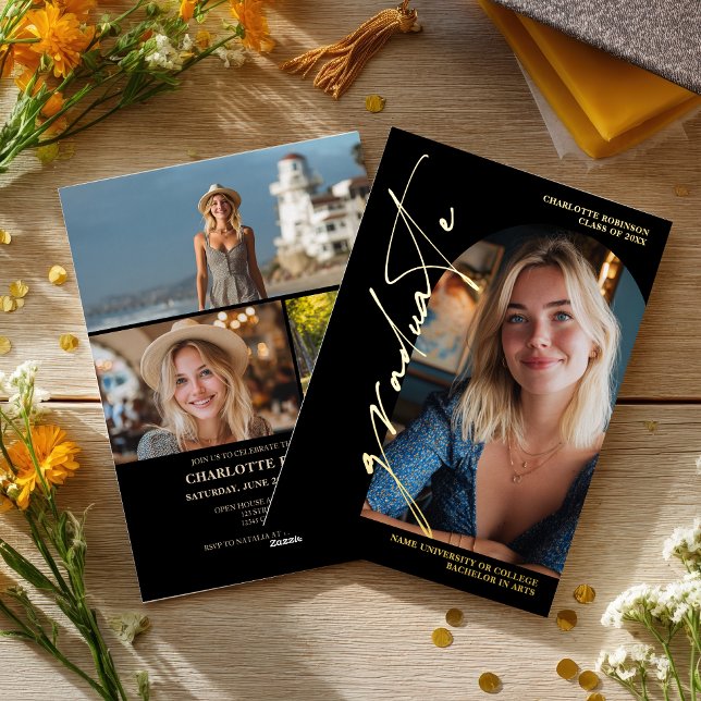 Invitation En Aluminium  Modern Script gold graduate photo graduation (Modern Script gold graduate photo graduation Foil Invitation)