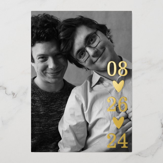 Invitation En Aluminium Modern Script Heart Photo Enregistrer la date (Recto)