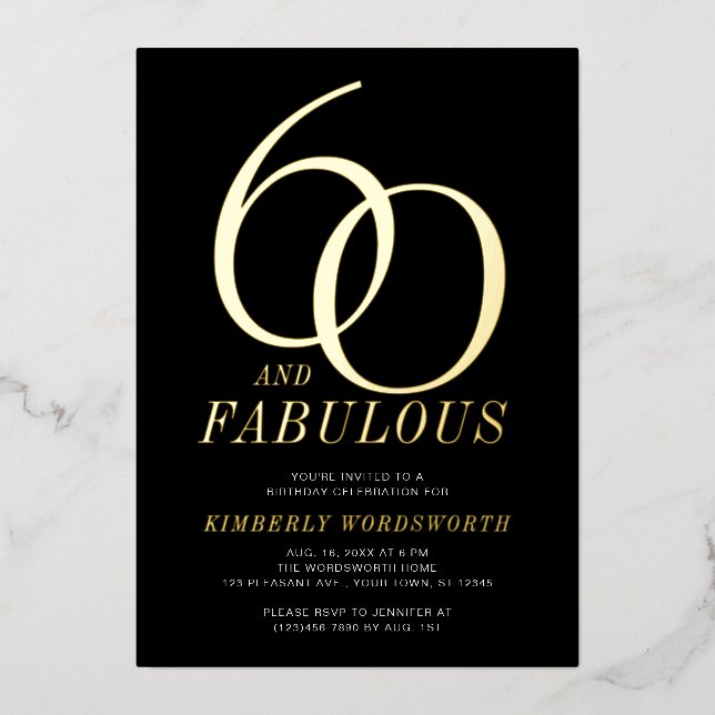 Invitation En Aluminium Modern Sixty and Fabulous 60th Birthday Black Gold (Recto)