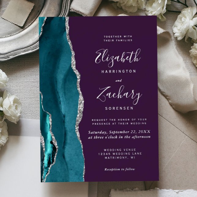 Invitation En Aluminium Modern Teal Silver Agate Purple Wedding (Créateur téléchargé)
