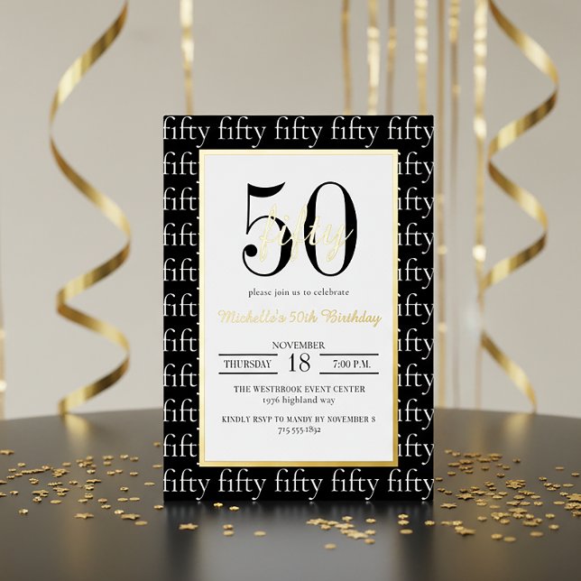 Invitation En Aluminium Modern Typography 50th Birthday Party Black Gold  (Créateur téléchargé)