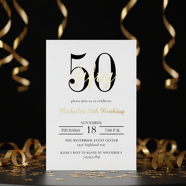 Invitation En Aluminium Modern Typography 50th Birthday White Black Gold (Créateur téléchargé)