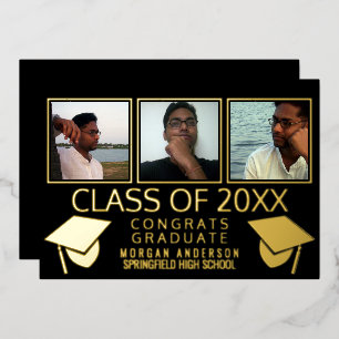 Invitation En Aluminium Moderne 3 Casquettes De Graduation Photo Noir Et O