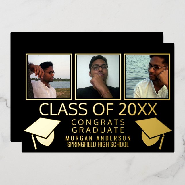 Invitation En Aluminium Moderne 3 Casquettes De Graduation Photo Noir Et O (Recto/Verso)