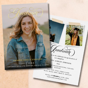 Invitation En Aluminium Moderne 3 Photo White Script Graduation