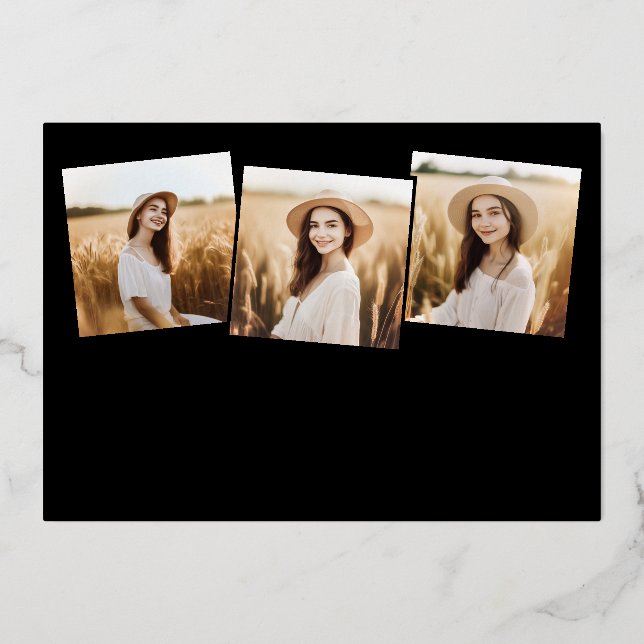 Invitation En Aluminium Moderne 4 Photo Graduation Collage Noir Et Or (Recto)