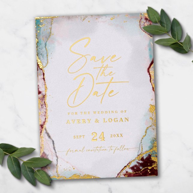 Invitation En Aluminium Moderne Abstrait Rouge Vin Économisez la Date Or R (Créateur téléchargé)