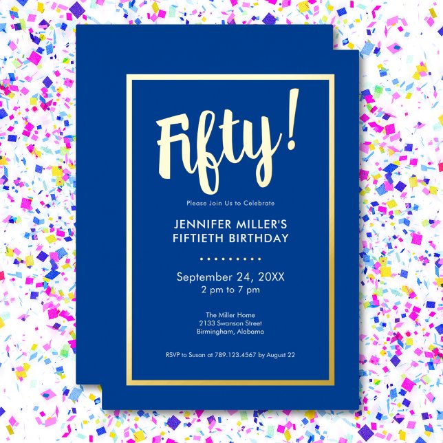 Invitation En Aluminium Moderne Anniversaire 50 Ans Bleu & Or (Modern Blue & Gold Foil 50th Birthday Foil Invitation)