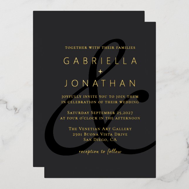 Invitation En Aluminium Moderne Black Ampersand Mariage Gold (Recto/Verso)