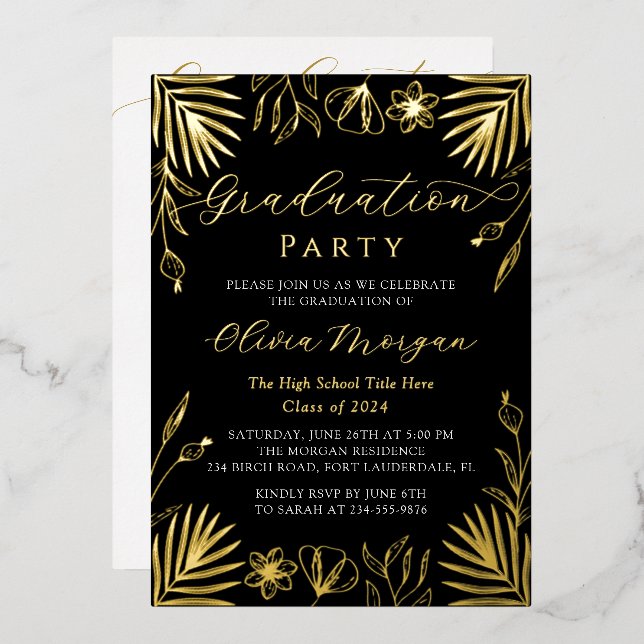 Invitation En Aluminium Moderne Black Gold Floral Script Graduation Photo  (Recto/Verso)