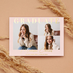 Invitation En Aluminium Moderne Blush Pink 3 Photo Graduation Gold