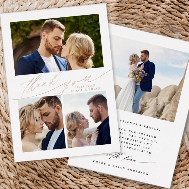 Invitation En Aluminium Moderne Boho Calligraphie 4 Mariage photo Merci (Front & Back)