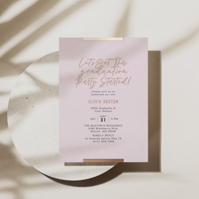 Invitation En Aluminium Moderne Calligraphie Graduation Blush Rose Gold (Créateur téléchargé)