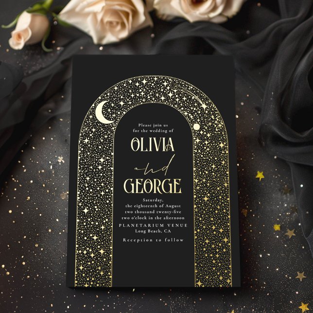 Invitation En Aluminium Moderne Céleste Romantique Mariage Noir Or (Celestial Wedding Invitation)