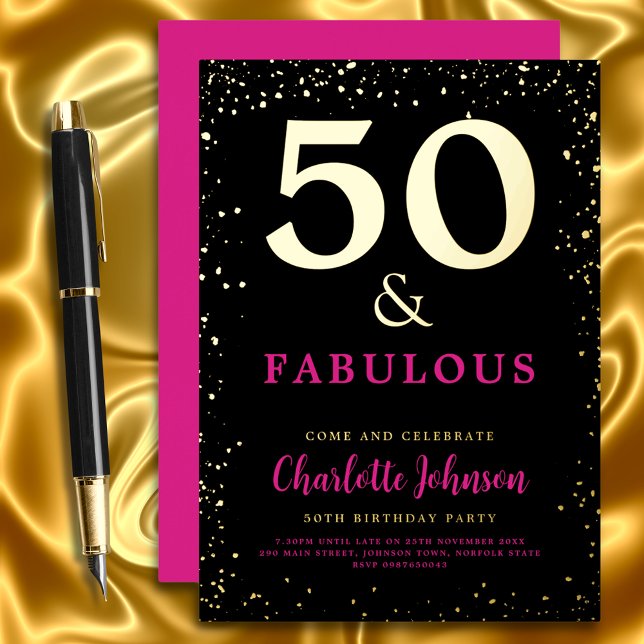 Invitation En Aluminium Moderne chic 50e fête d'anniversaire Pink Black Go (Stylish modern 50 and fabulous  pink black and gold foil glitter 50th birthday party invitation )