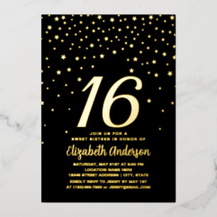 Invitation En Aluminium Moderne Chic Black and Gold Stars Sweet 16 Anniver