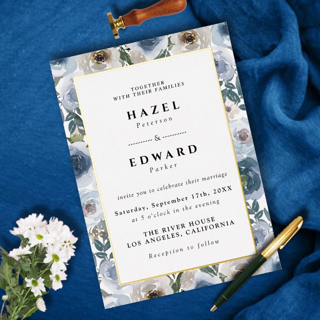 Invitation En Aluminium Moderne Chic bleu Dusty Floral Mariage (Modern Chic Dusty Blue Floral Watercolor Wedding Foil Invitation)