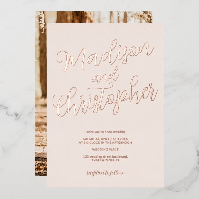 Invitation En Aluminium Moderne chic photo bracelet noms mariage rose pâle (Recto/Verso)