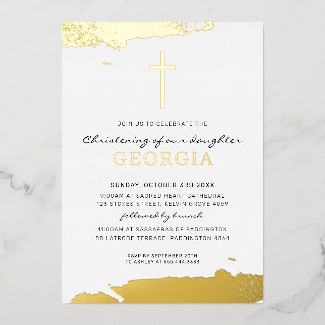 Invitation En Aluminium MODERNE CHRISTENING feuille d'or cross classique (Recto)