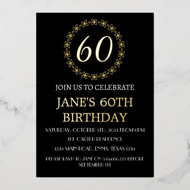 Invitation En Aluminium Moderne code QR feuille dorée noire pour 60e anniv (Recto)