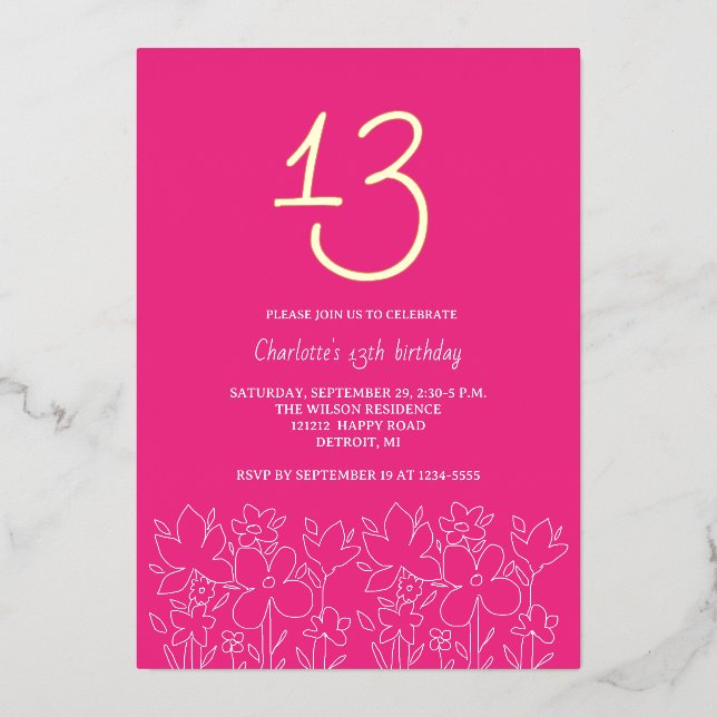 Invitation En Aluminium Moderne Cute Fleur sauvage 13e anniversaire (Recto)