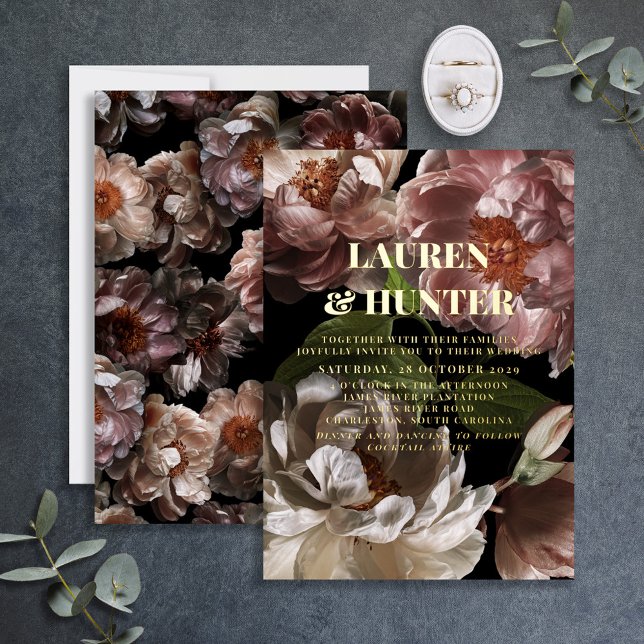 Invitation En Aluminium Moderne Dark Moody Rose Botanique Mariage Or (Créateur téléchargé)