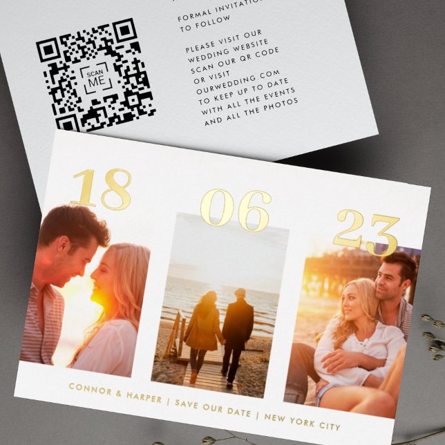 Invitation En Aluminium Moderne DATE OR Époque Trois Photo QR CODE Enregis (Créateur téléchargé)