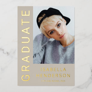 Invitation En Aluminium Moderne Design 2 Photo Graduation Taupe Brown Gold