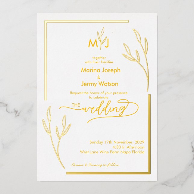 Invitation En Aluminium Moderne Écriture Monogrammée à Bordure de Feuille  (Recto)