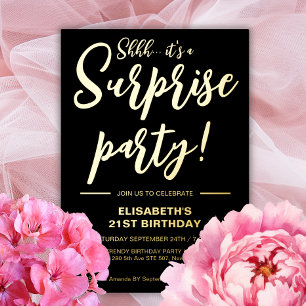 Invitation En Aluminium Moderne Élégant Anniversaire Surprise Noir & Or