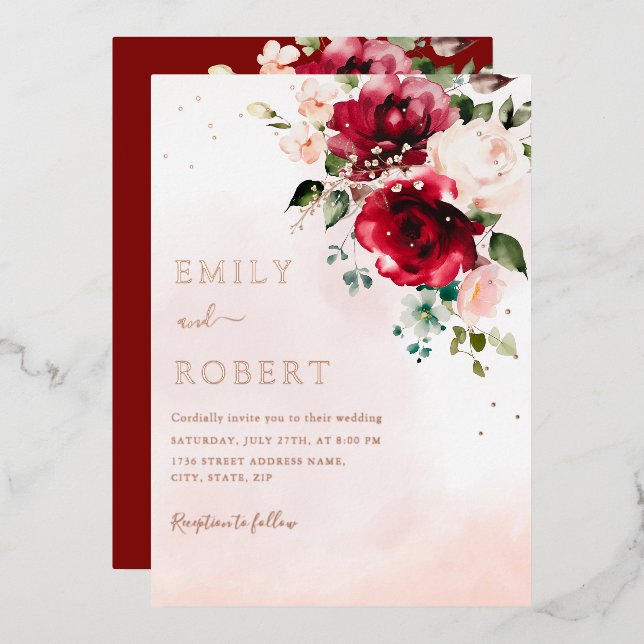 Invitation En Aluminium Moderne Elégant Burgundy Blush Boho Floral Mariage (Recto/Verso)