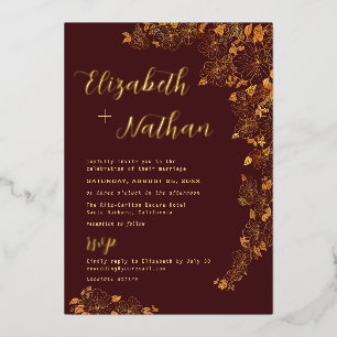 Invitation En Aluminium Moderne Élégant Floral Bourgogne & Or Mariage