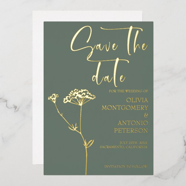 Invitation En Aluminium Moderne Elegant Floral Sage Green Enregistrer la d (Recto/Verso)