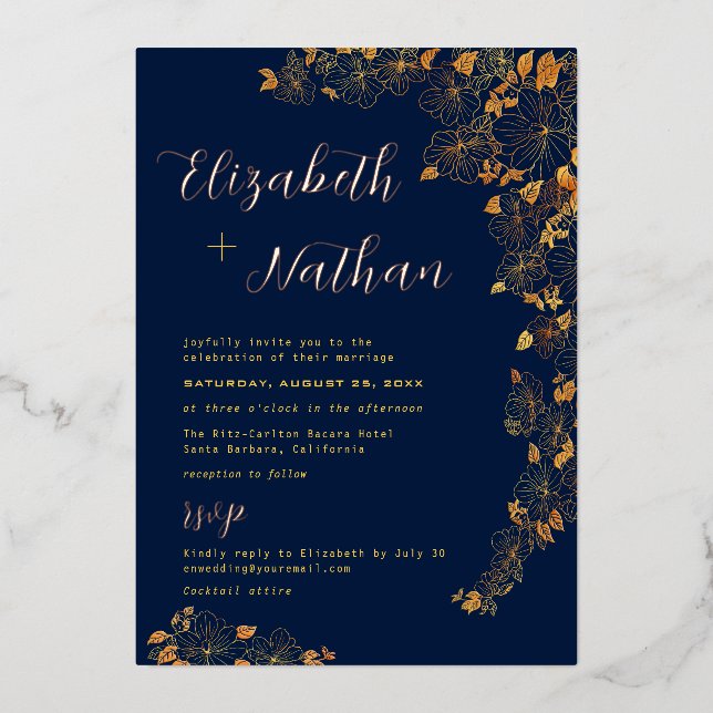 Invitation En Aluminium Moderne Elegant or Floral Mariage bleu marine (Recto)
